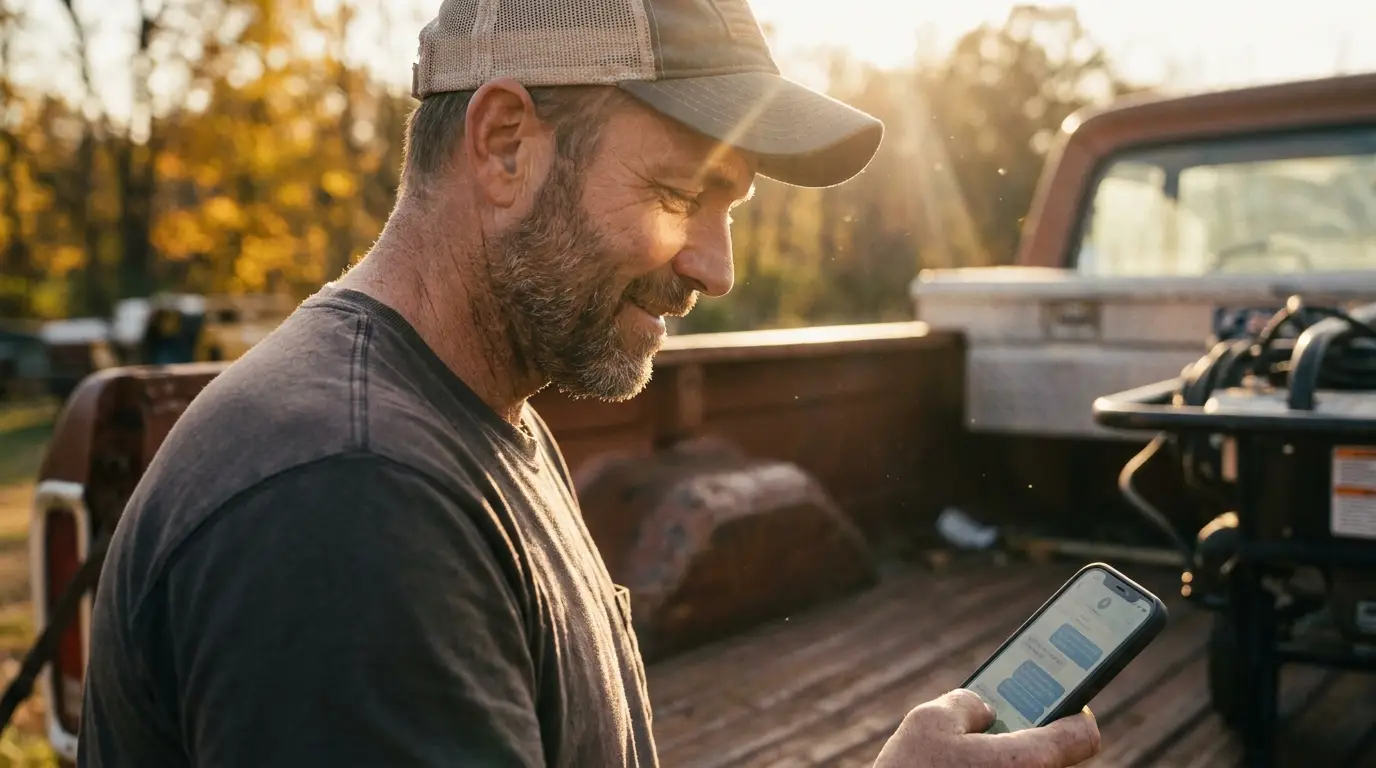 The landscaper reading new booking texts on his phone at golden hour