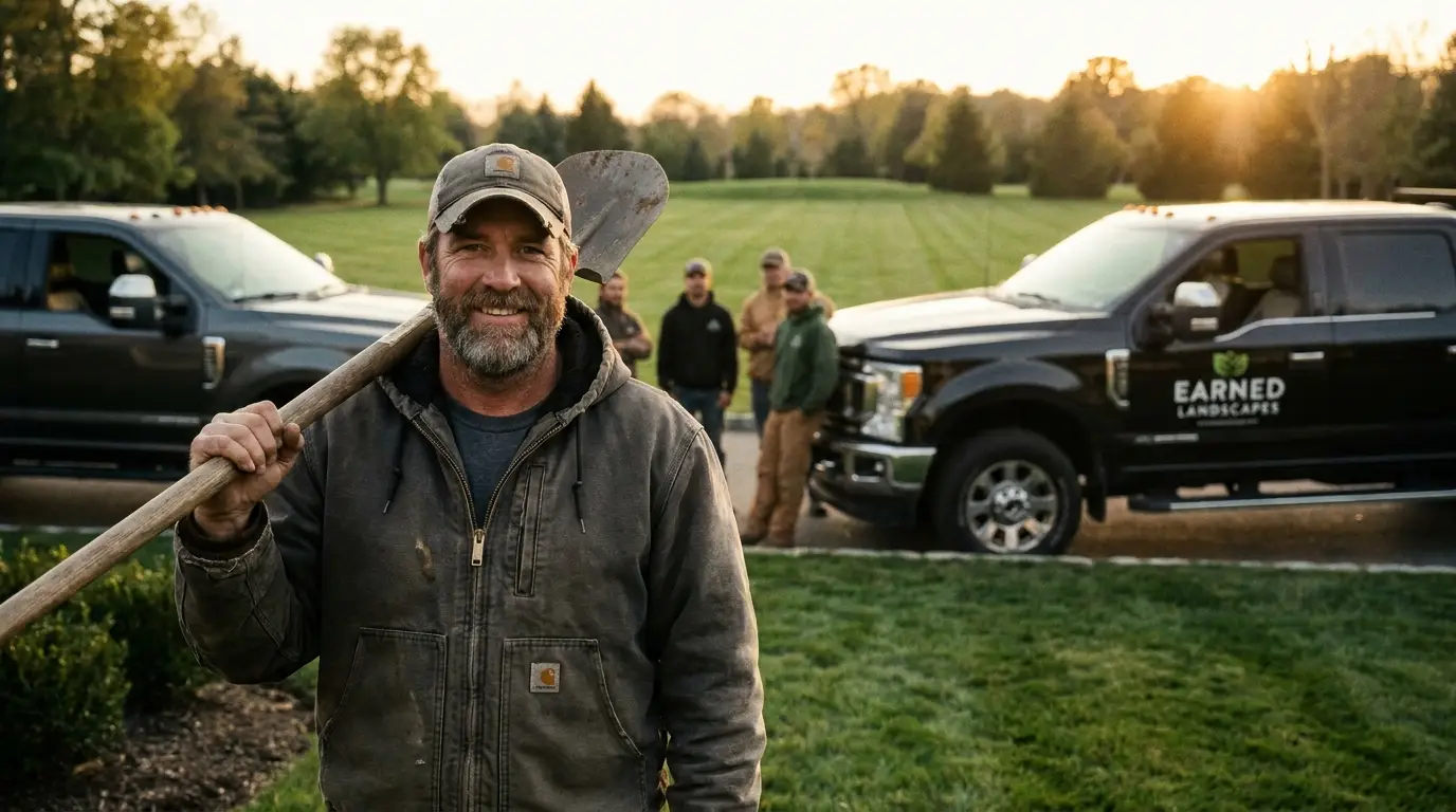 The owner standing proud with his crew and two branded trucks at golden hour
