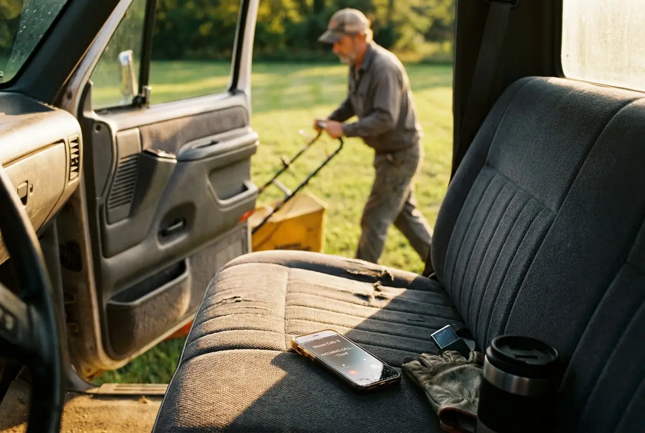 A landscaper mowing while his phone lights up with missed calls on the truck seat